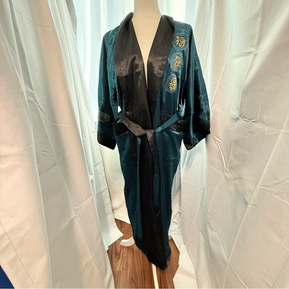 Elegant Teal Black Satin Embroidered Dragon Reversible Robe with Tie